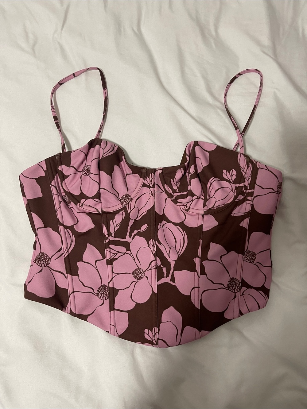 White Fox Boutique Pink & Brown Floral Bustier Crop Top